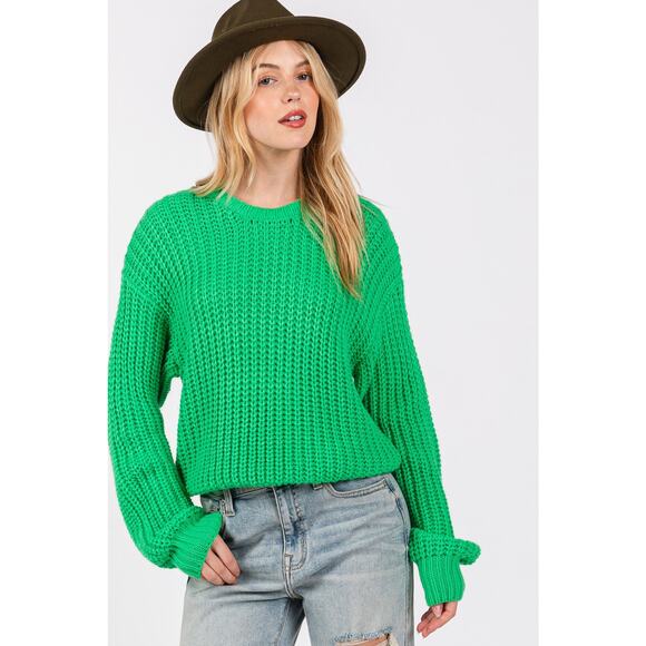 SAGE + FIG Round Neck Drop Shoulder Long Sleeves Pullover Sweater | Green - Picture 5 of 6